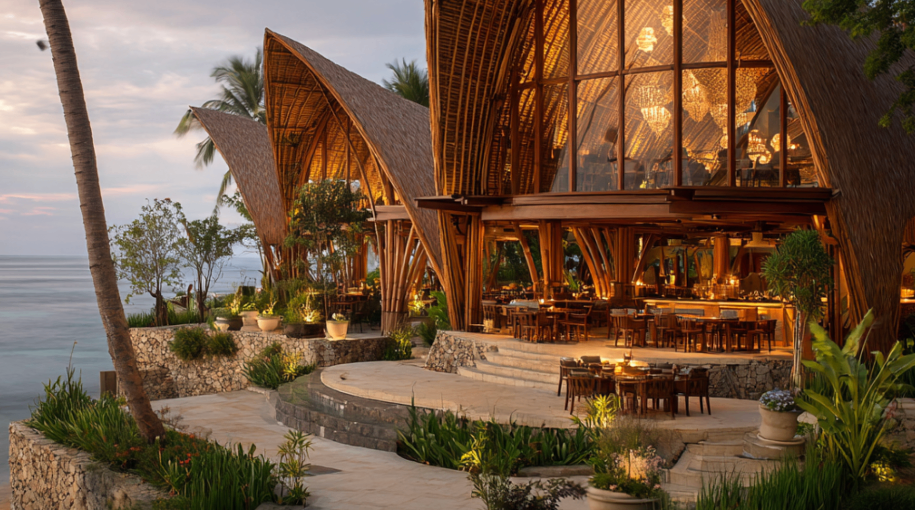 Bamboe-architectuur restaurant aan de kust van Lombok