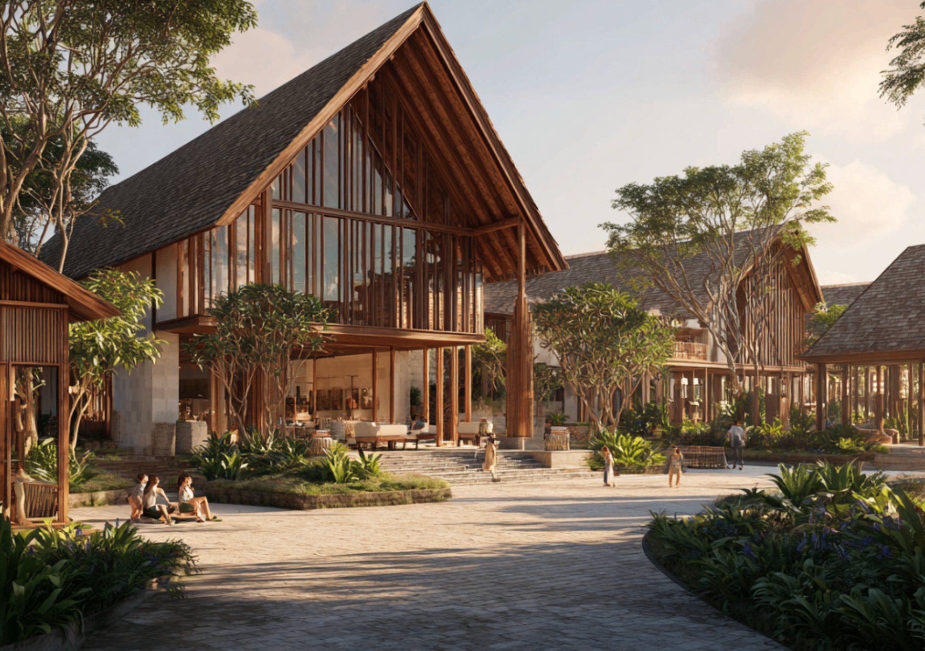 Bamboe-architectuur resort met traditionele dakvormen op Lombok